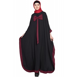 Kaftan style bow abaya- Black-Maroon